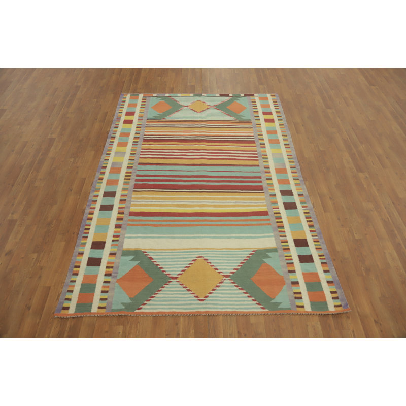Tapis oriental rayé en laine Kilim 6 x 8
