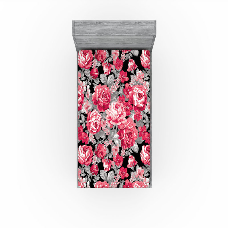 Drap-housse Ambesonne, Drap-housse de taille simple, Rose pastel / motif floral gris pâle