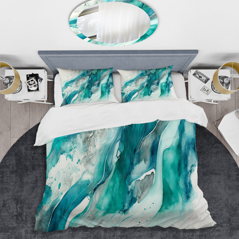 Turquoise Waves In Paradise I - Ensemble de housse de couette à motif abstrait - Microfibre de polyester