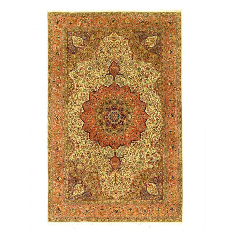 Tapis beige / brun en laine / coton oriental noué à la main 7 pi x 10 pi Oriental