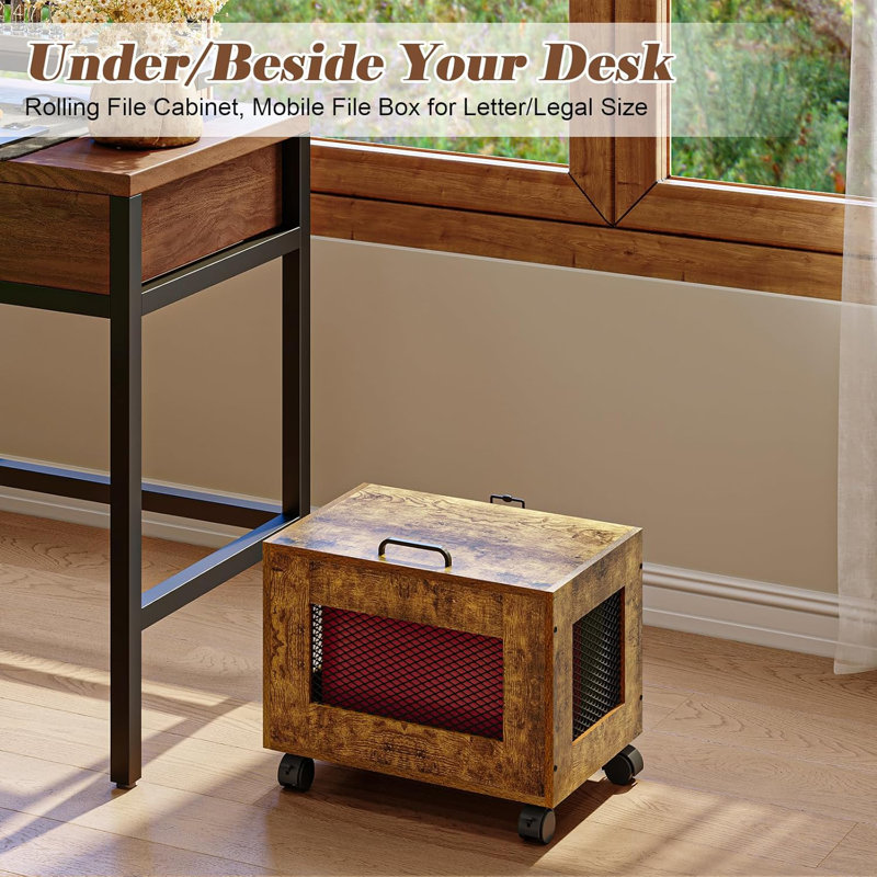 Rolling File Cabinet Cart, Hanging File Organizer Box With Lid For Home Office, Small Filing Cabinet On Wheels Under Desk, Mobile Decorative Document Storage Basket