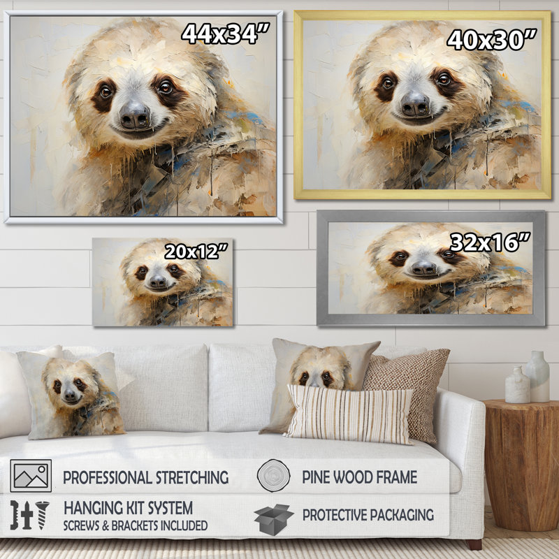 «Thoughtful Sloth», reproduction sur toile, Cadre naturel flottant, H 34 po x l 44 po x P 1,5 po