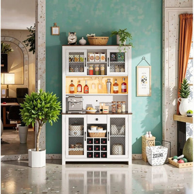 70.9 Inches Tall Rustic Kitchen Pantry Storage Cabinet With LED Outlets, Wine Rack, And Adjustable Shelves