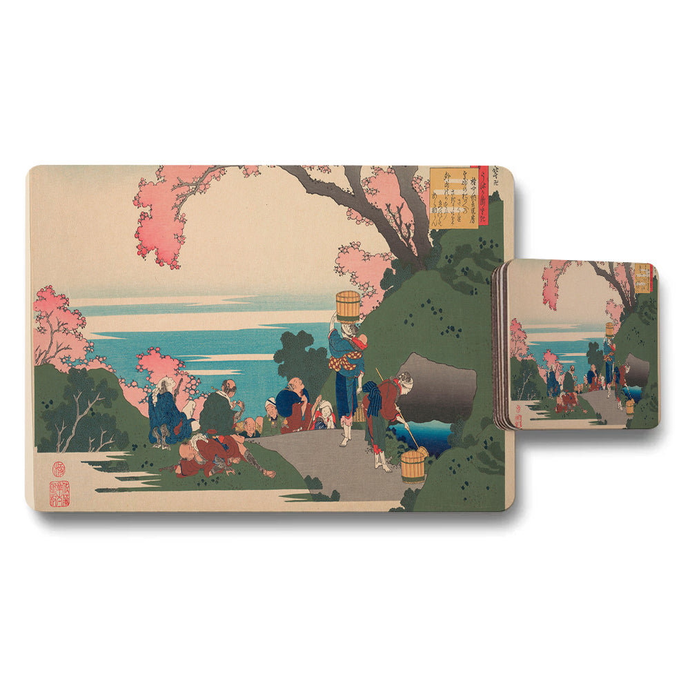 Japanese Ukiyoe Placemats And Coasters Set With Cherry Blossom River Scene