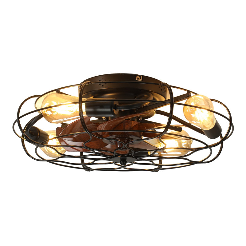 Ventilateur de plafond industriel en cage 19,7 po avec lumière, moteur réversible à 6 vitesses, plafonnier encastré de style maison de campagne, finition bois