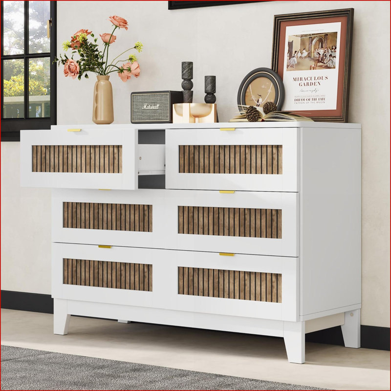Dresser, Farmhouse Rustic 6-Drawer with Metal Handles, White Particle Board | White | Particle Board