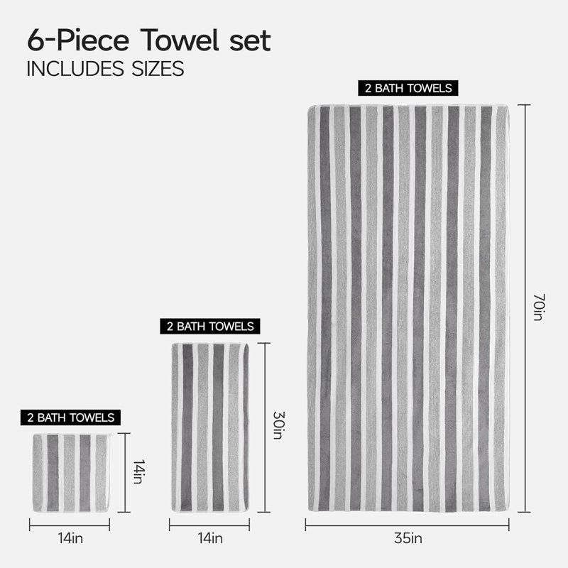 6-Piece Oversized Microfiber Bath Towel Set – Ultra Soft, Highly Absorbent, Quick Dry, Fade Resistant for Bathroom, Spa, Gym & Pool