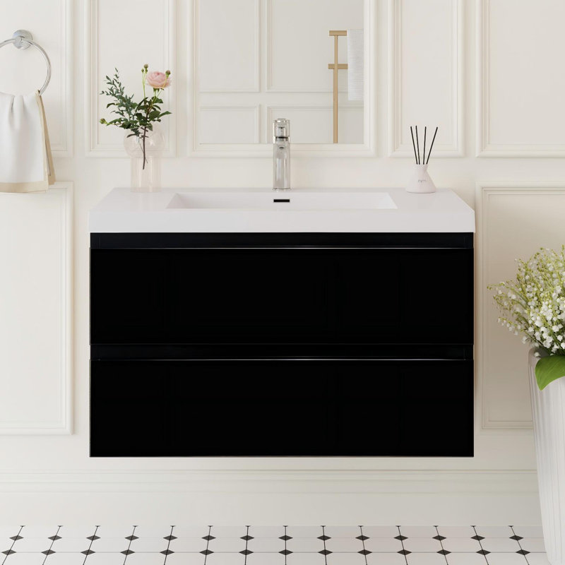 36" Floating Bathroom Vanity Modern Wall-Mounted Single Vanity with Integrated Resin Top, 2 Soft Close Drawers, Full Assembly, Rosewood