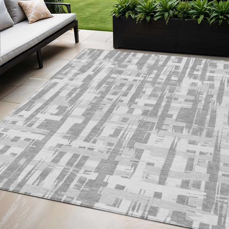 Tapis intérieur lavable rayé gris argenté et ivoire 5 pi x 8 pi