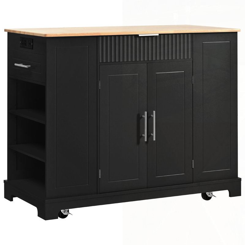 Fluted Kitchen Island With Trash Can Storage, Power Outlet, And Rolling Wheels For Enhanced Mobility And Organization, Black