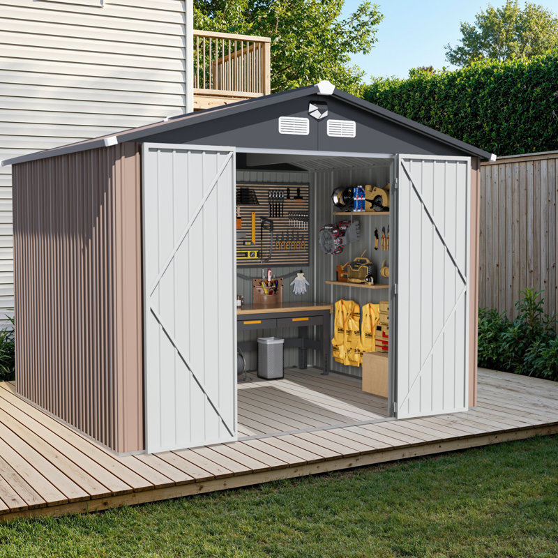 10 ft. W x 12 ft. D Outdoor Metal Tool Storage Shed with Led Light & Air Vents, 86.61" H x 145.28" W x 116.14" D