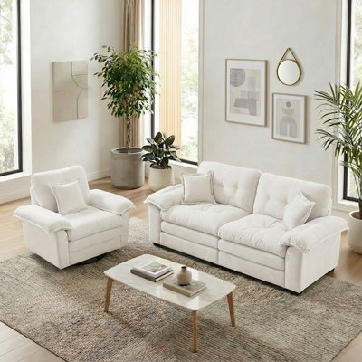 Ensemble de salon moderne 2 pièces : causeuse Cloud en chenille et fauteuil pivotant avec dossier capitonné et accoudoirs rembourrés