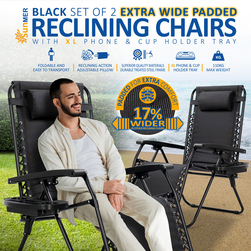 SUNMER Padded Extra Wide Recliner Chairs (Set Of 2), Black