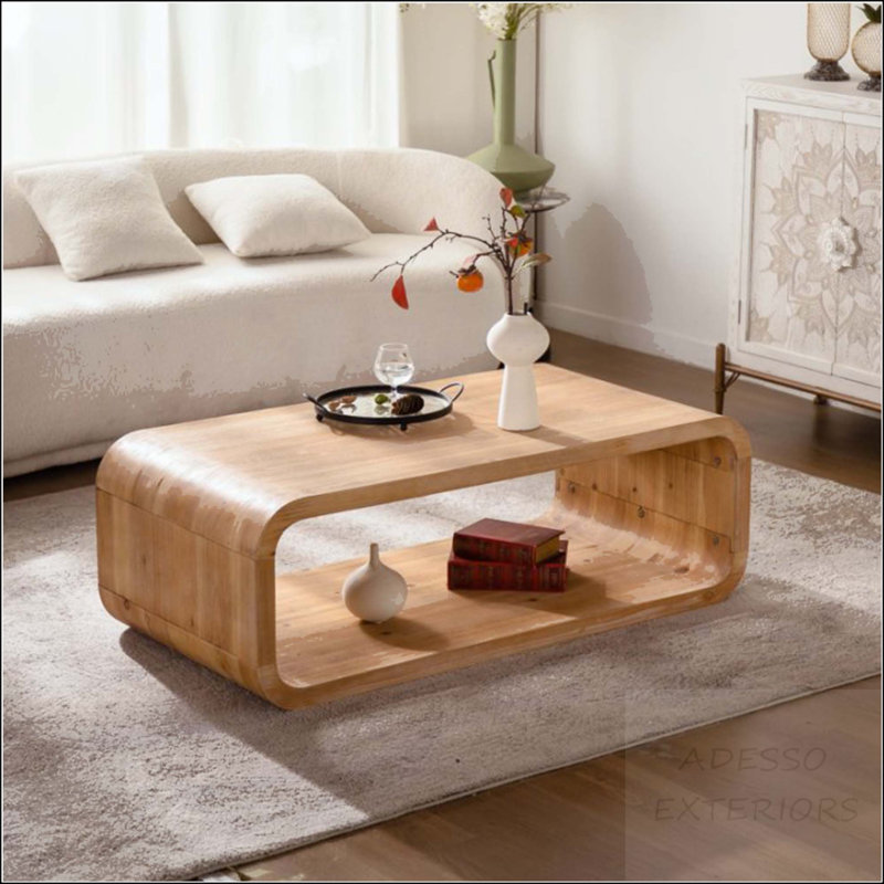 Table basse en forme d'hippodrome avec rangement ouvert, finition bois clair