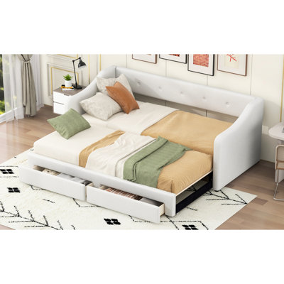 Beige Twin Xl To King Upholstered Daybed With Drawers, Buttoned Drawer And Back Surfaces, Comfortable Seating From Storage Great Support, Wood Slats