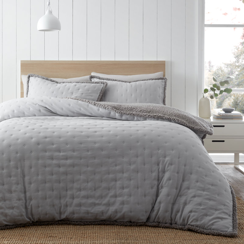 Cosy Nori Soft Sherpa Duvet Cover Set, Super King Duvet Cover + 2 Standard Pillowcases, Silver