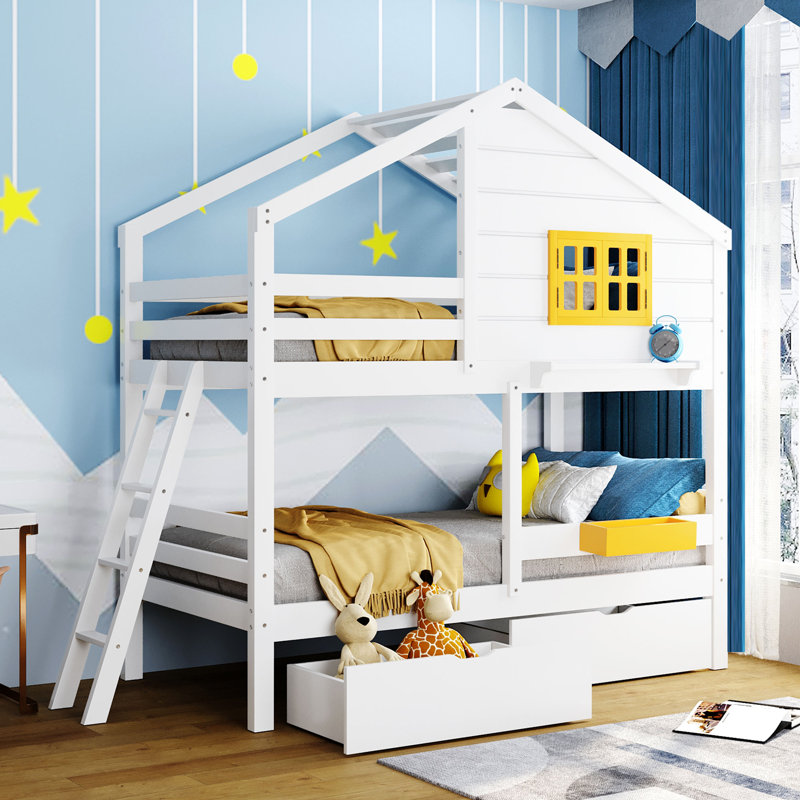 Vandenbosch Twin over Twin House Bunk Bed with Drawers by Harper Orchard, White