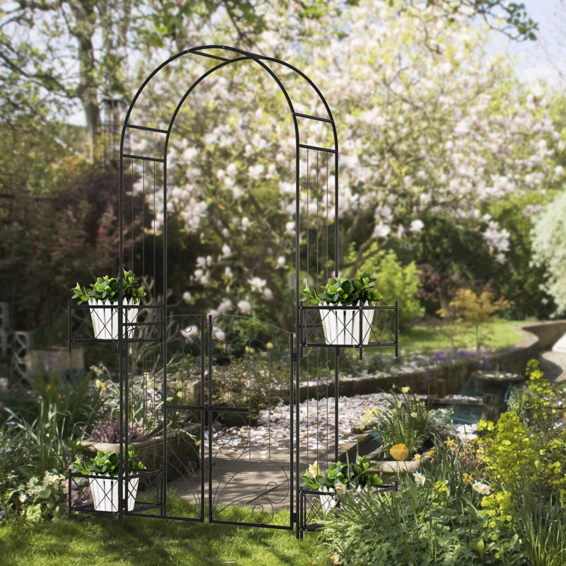 Arche de jardin noire 7 ', vignes de soutien et décoration de mariage en métal avec barrière, noire, idéale pour l'escalade de vignes lors d'une cérémonie de mariage