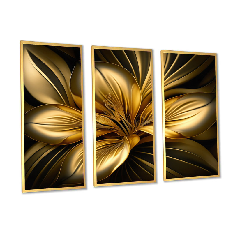«Lily Gold I», reproduction sur toile 3 pièces, H 28 po x l 36 po x P 1 po, Toile avec cadre naturel