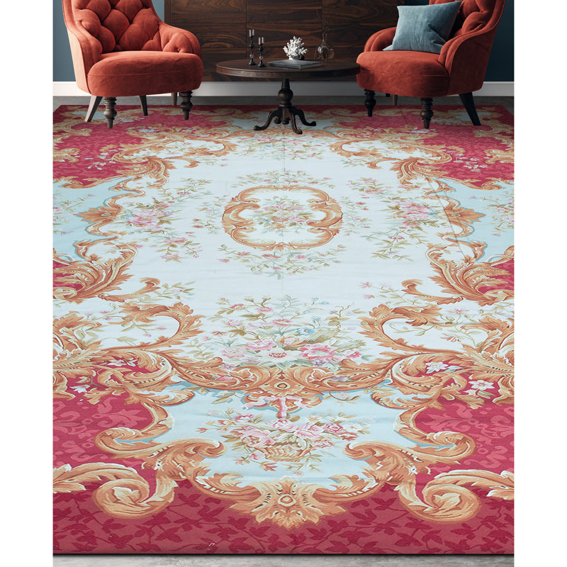 Hand-Knotted High-Quality Ivory and Red Area Rug