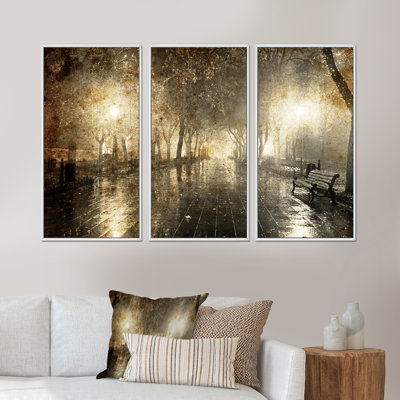 Night Alley with Lights - Ensemble d'art mural sur toile encadré paysage de 3