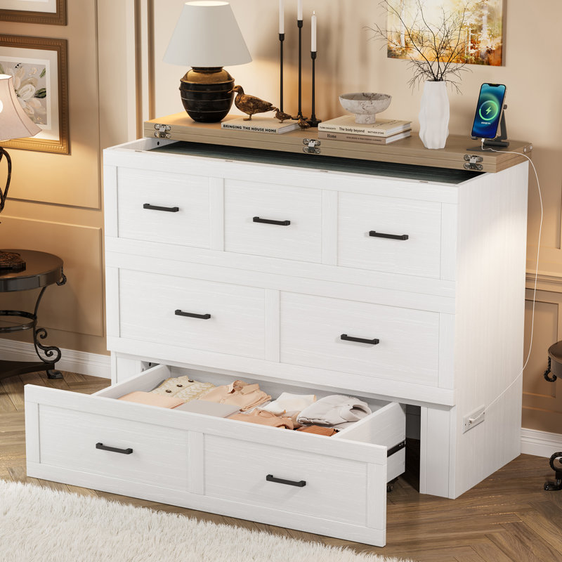 Murphy Bed Cabinet with Charging Station, Multi-Functional Foldable Platform Bed with 1 Large Storage Drawer for Guest Room, Small Bedroom