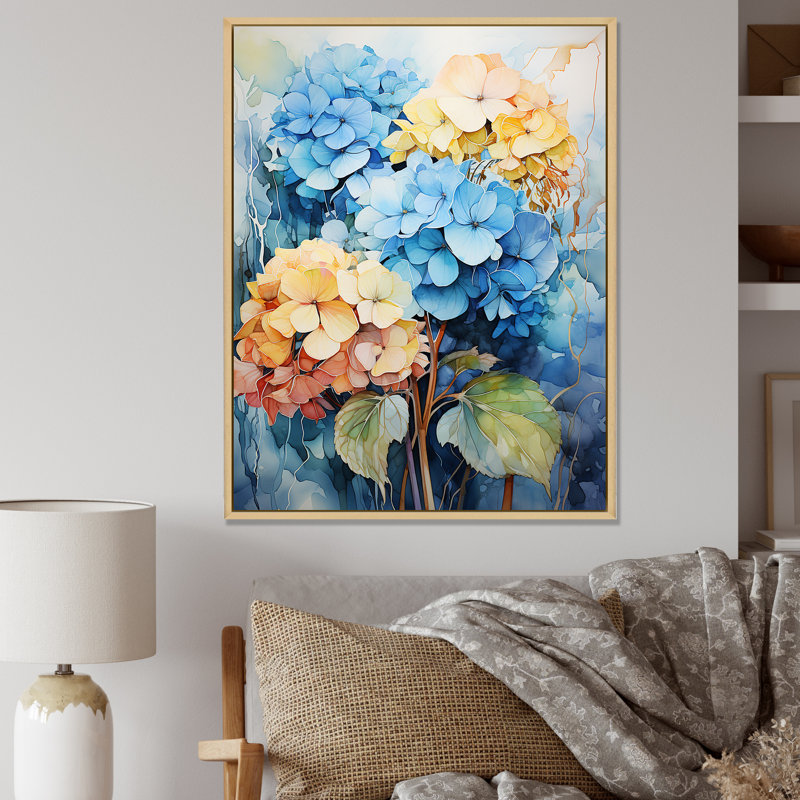 Hydrangea Blooms en bleu et jaune, reproduction sur toile, Cadre naturel flottant, H 44 po x l 34 po x P 1,5 po