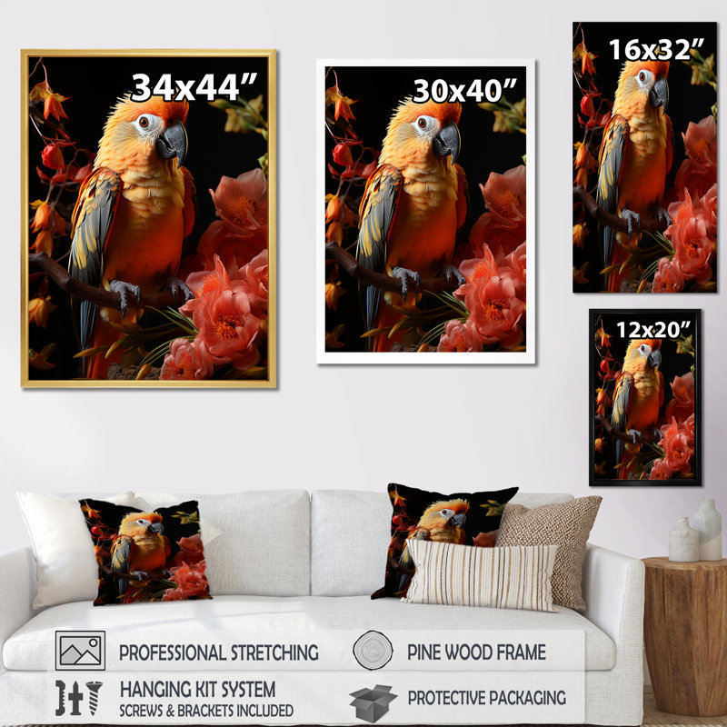 Perroquets, sérénade tropicale sur toile, Cadre flottant doré, H 20 po x l 12 po x P 1 po