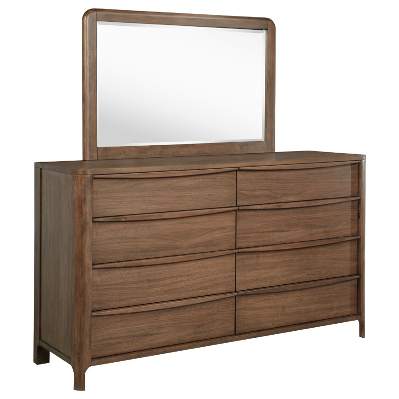Commode large avec miroir, 8 tiroirs, brun noyer, coins arrondis Rie