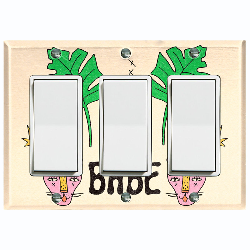 Cute Babe Cool Leaf Cat Doodle Cartoon Beige Patterned 3 - Gang Toggle Light Switch Standard Wall Plate
