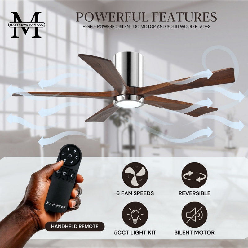 Irene Flushmount Light Kit 5 Blade LED Ceiling Fan, Polished Chrome, Walnut Tone, 42"