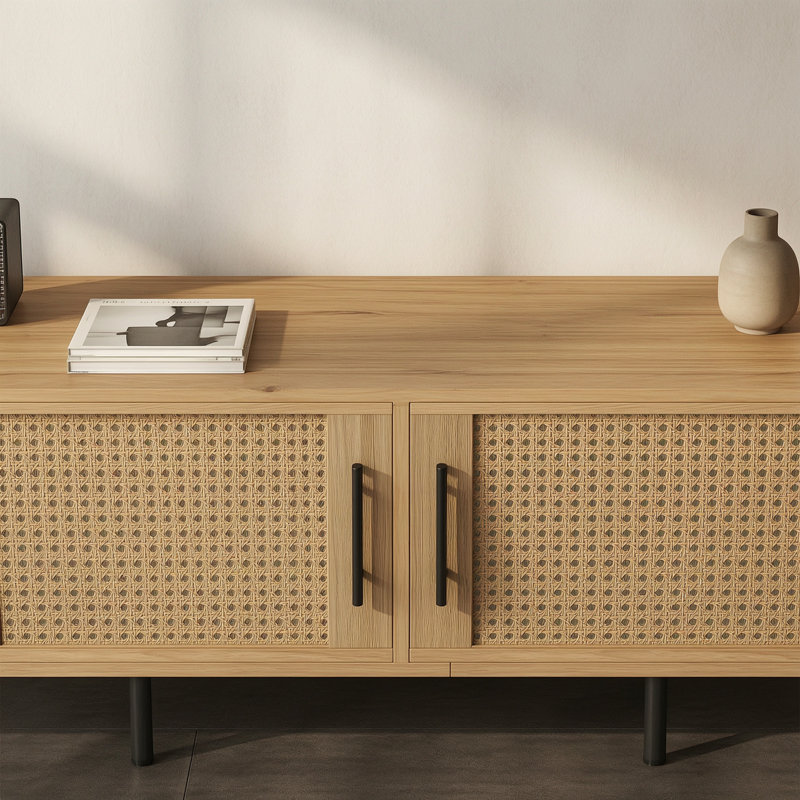 Meuble télé moderne avec portes en rotin pour téléviseurs de 80 po ou moins