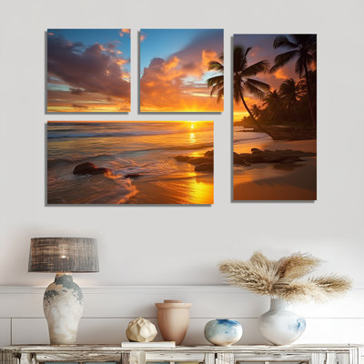 Photo de plage coucher de soleil Serenade douzième - art mural côtier jaune 4 panneaux