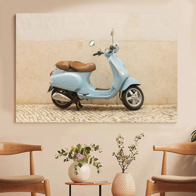 1Pc Framed Canvas Poster Print Classic Light Blue Vespa-Style Scooter in a Quiet Urban Setting Wall Art Decor, Perfect for Room Decor Living Room Bedroom Office Kitchen Bathroom Home Decor, Ideal Home Wall Decoration Gift