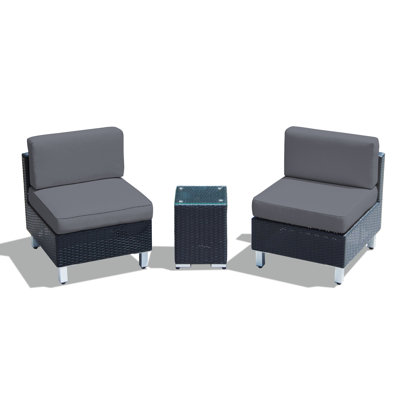 Ebern Designs 3 Piece Outdoor Patio Black Wicker Sectional Set with Cushions