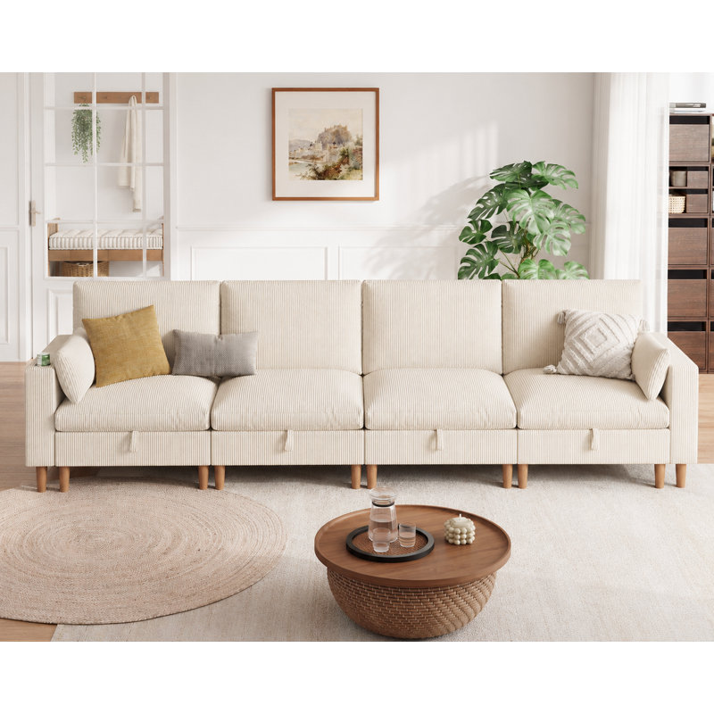 Canapé modulaire rembourré avec rangement Shepardson, H 39 po x l 142 po x P 32,3 po, Mila blanc