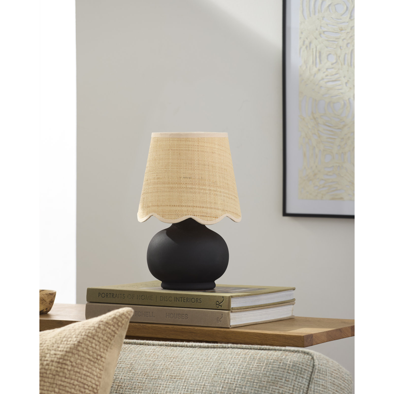 Momsen Scallop Shade Matte Lamp, Black, Natural, 13"H x 8"W x 8"D