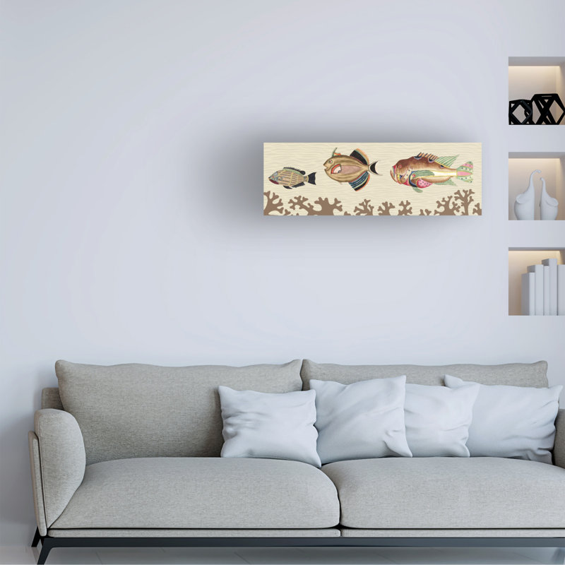 Art mural sur toile tendue - "Fishy véritable" - panneau horizontal 2 "de Gail Fraser pour décor de salon, de chambre à coucher ou de bureau - 16 x 47