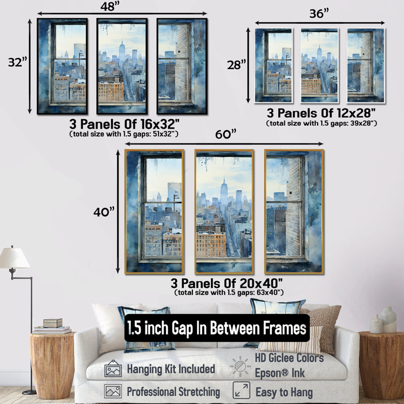 Art mural rétro bleu New York Window View I - New York City, Cadre flottant noir, H 32 po x l 48 po