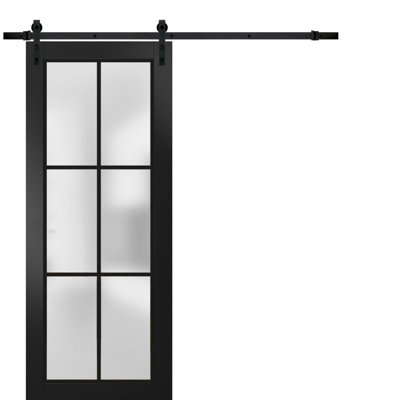 Sturdy Barn Door Frosted Tempered Glass | Planum 2122 | 6.6FT Black Rail Hangers Heavy Hardware Set | Modern Solid Panel Interior Doors -Black Rail