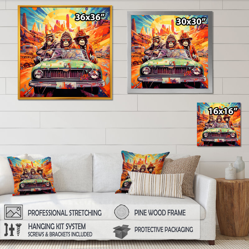 «Monkeys Ride In 1980S Convertible Cadillac II», art mural fruits, Toile tendue, 30" H x 30" W