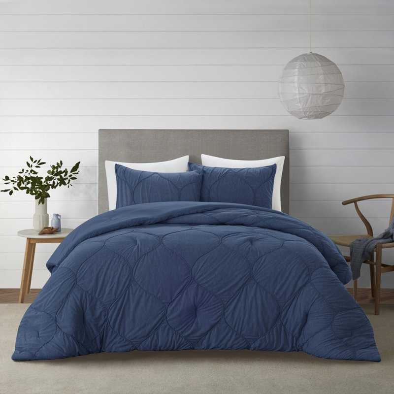 Navy Blue Polyester 180 Thread Count Washable Down Comforter Set, King