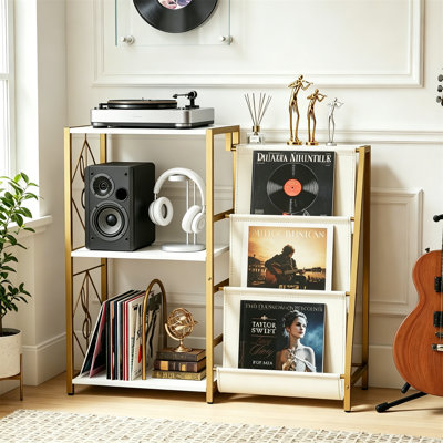3 Tier Record Player Stand with Vinyl Storage, Display Shelf Holds 200 Albums, Gold White