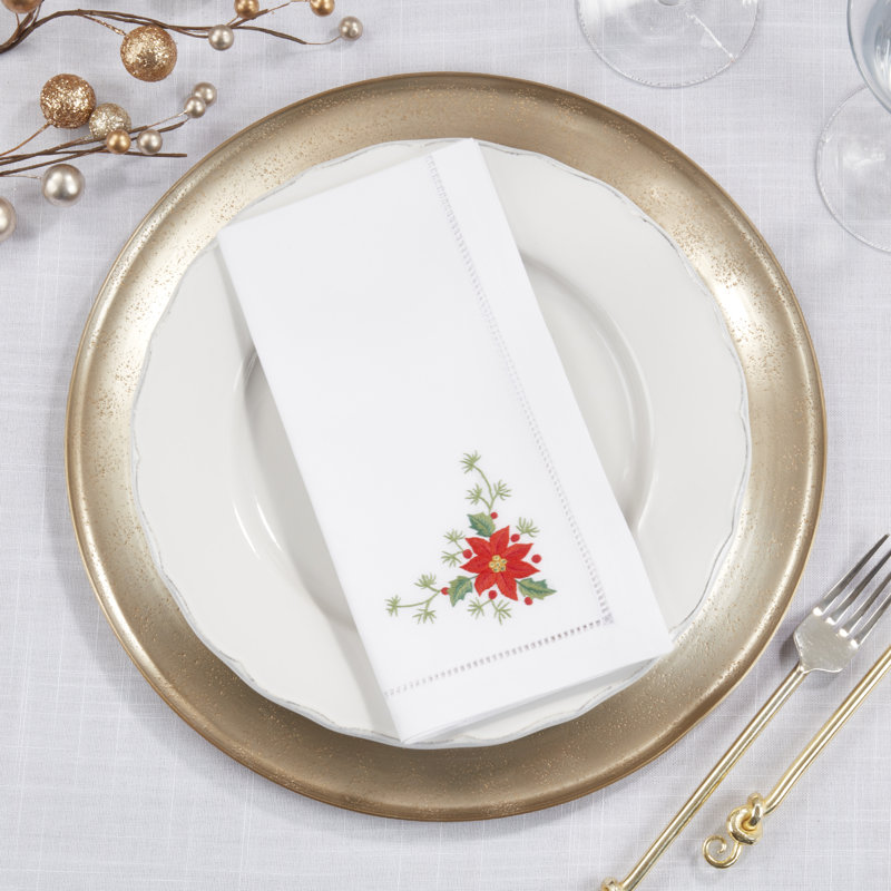 Whimsical Poinsettia Embroidered White Cotton Napkins, Set of 6