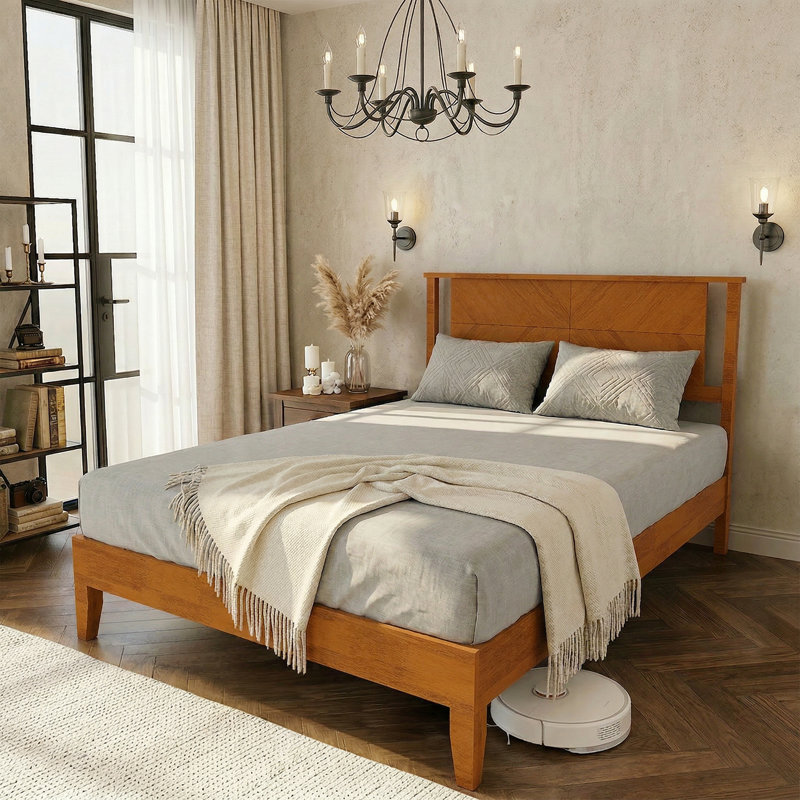 Full Size Deluxe Bed Frame With Headboard With Solid Wood, No Box Spring Needed,  Easy Assembly, Rustic Golden Brown, Brown