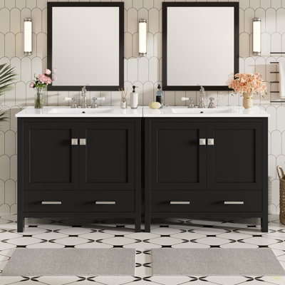 Meuble-lavabo 72 po avec lavabo en céramique, portes à fermeture en douceur, tablettes de rangement doubles et tiroir divisé - Armoire de salle de bain moderne avec beaucoup de rangement