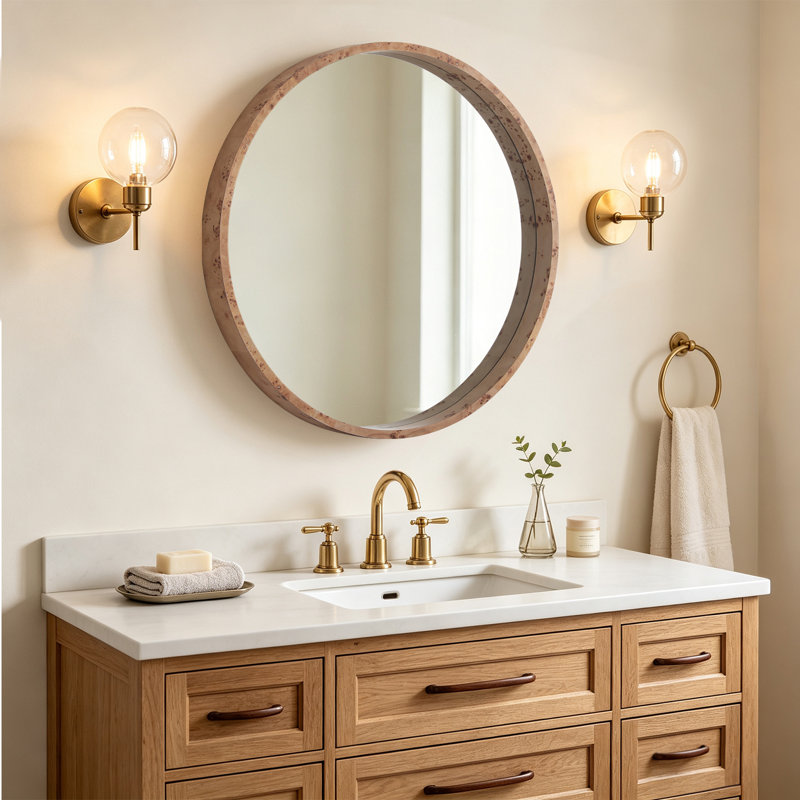 Miroir mural rond à cadre en bois - cadre épais de 2,5 pouces, 32" x 32", Burlwood