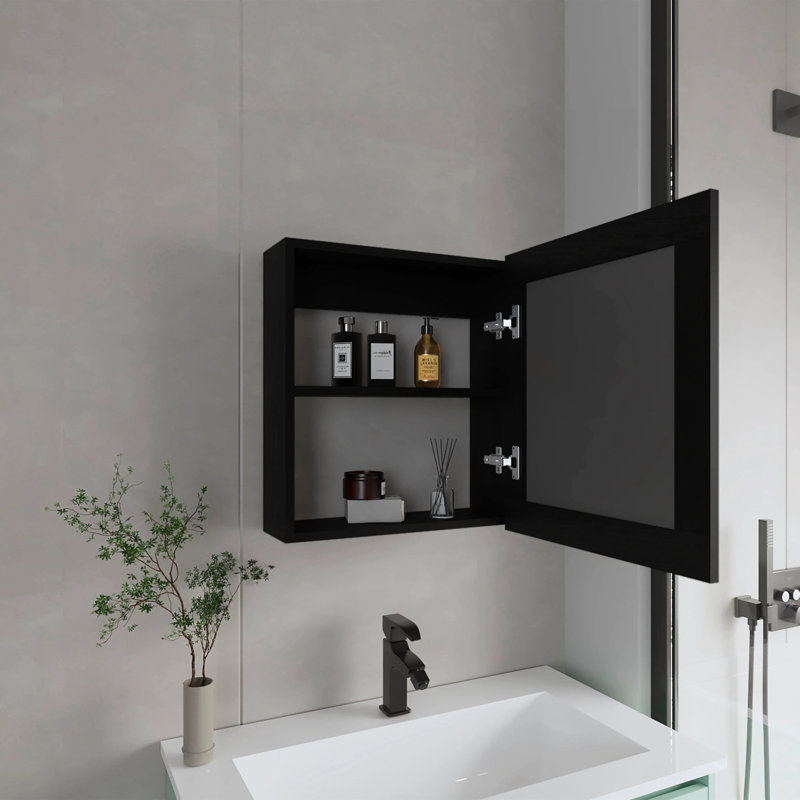 Black Medicine Cabinet For Bathroom - 2 Shelves, Mirror, Wall Mounted, Modern, Particle Board, 18.6 X 5.7 20.5 Inches Mounted Bathroom, Modern Look,