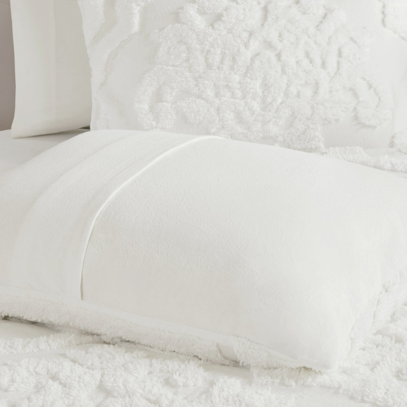 Viola Tufted Cotton Chenille Damask 3 Piece Comforter Set, White, King/Cal. King Comforter + 2 King Shams