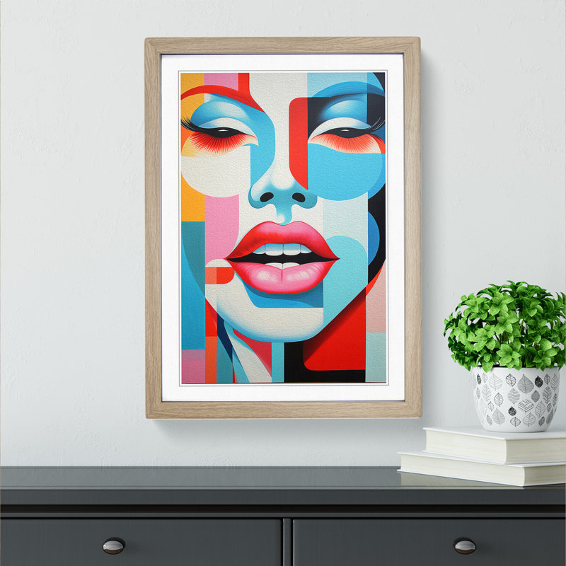 Lips Mouth Constructivism - Single Picture Frame Print on Wood, 64cm H x 46cm W x 2cm D, Oak